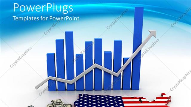  Presentation with america arrow - Blue bars chart with gray rising arrow map of America, dollar bills and golden dollar coins