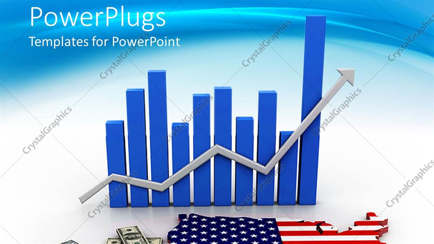 Featuring Blue Bars Chart with Gray Rising Arrow Map of America, Dollar Bills and Golden Dollar Coins