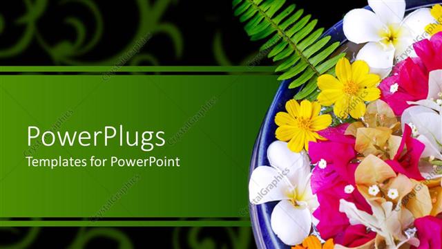  Presentation with blue spa - Blue bowl with exotic colorful flowers on a green floral background