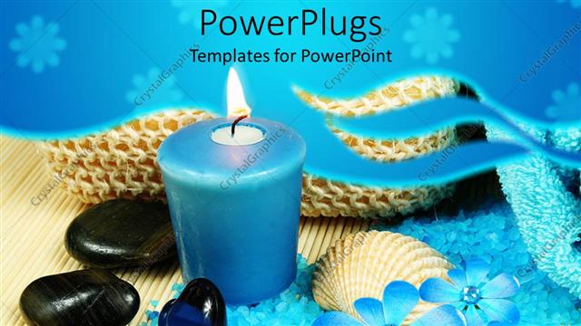  Presentation with spa - Blue candle next to black pebbles and blue bath salts