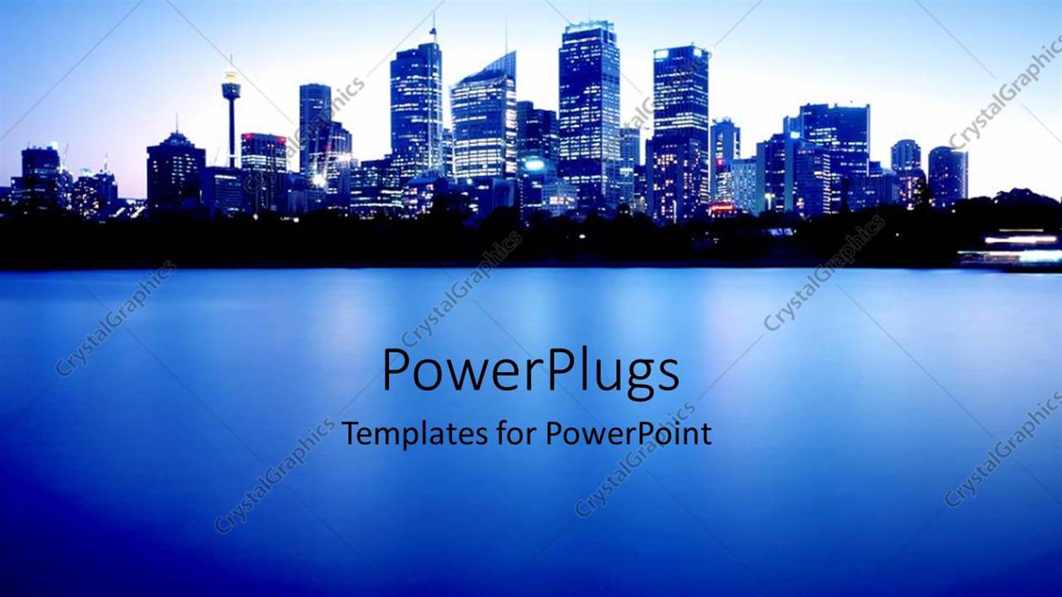 Featuring Blue City Lights at Night with Ocean Bay and Blue Sky