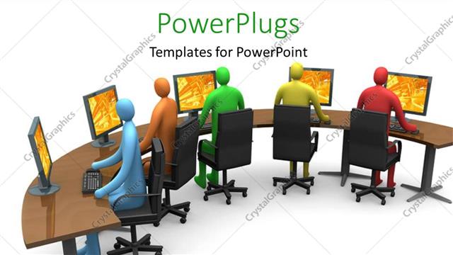  Presentation with system computer - Blue colored 3D men operating computer system on desk?