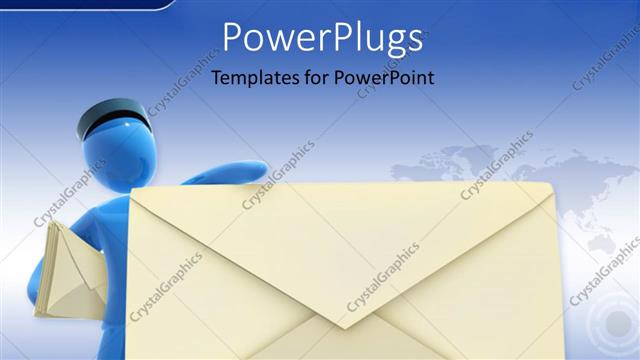  Presentation with mail - Blue colored 3D postman leaning towards large envelope symbol?