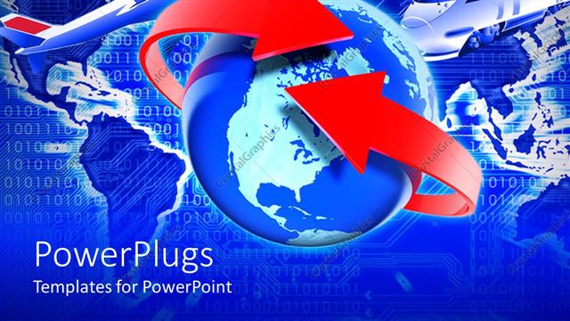  Presentation with red globe - Blue earth globe with a red two sided arrow round it