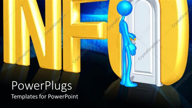  Presentation with open door - Blue figure about to open doorway in three dimensional Info