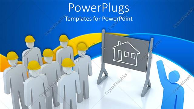  Presentation with team group yellow - Blue figure pointing presenting house drawing to group of white figures in yellow hard hats