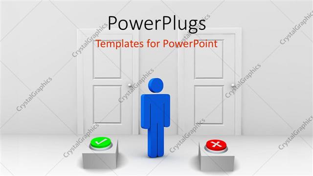  Presentation with blue green - Blue figure standing between two doors with green check button and red X button