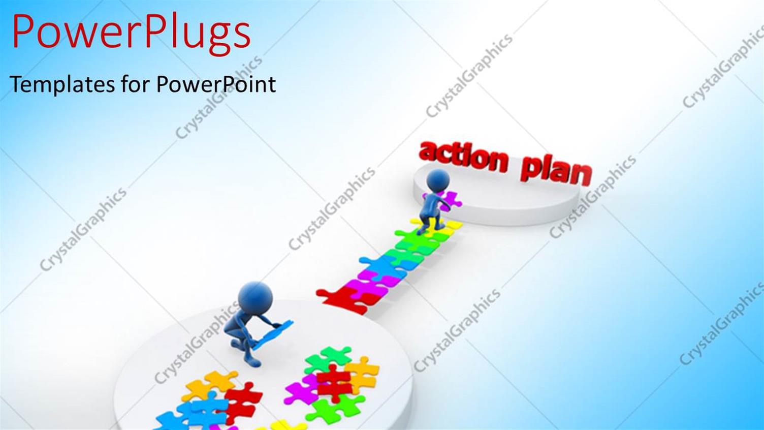 Featuring Blue Figures Assembling Multicolored Jigsaw Pieces to Reach Action Plan