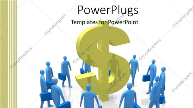  Presentation with gold dollar sign - Blue figures with briefcases surround gold three dimensional dollar sign