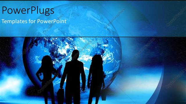  Presentation with trade - Blue globe people standing in dark silhouettes