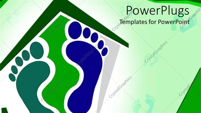  Presentation with footprint - Blue and green footprints on house, eco footprint metaphor, conservation, ecology