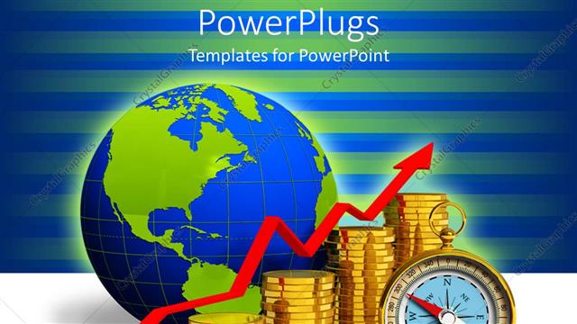  Presentation with blue financial - Blue and green globe behind gold coins, red arrow and compass