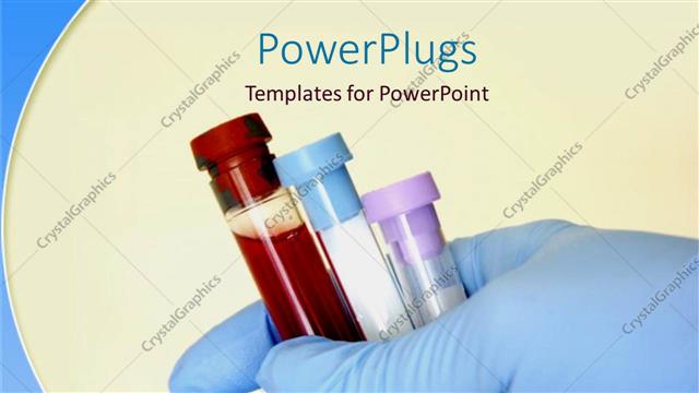 Presentation with test - Blue handed gloves holding three test tubes on a white background