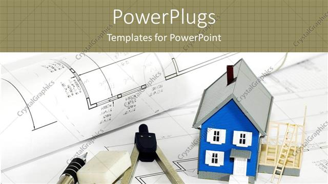 Presentation with real estate - Blue house model next to rubber, pen and compass on blueprints