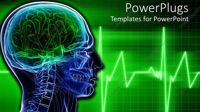  Presentation with green blue waves - Blue human exoskeleton with lighted and blurry green ecocardiogram waves