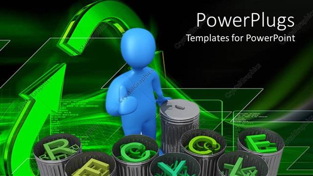  Presentation with recycle - Blue human figure standing in front of bins with the words recycle