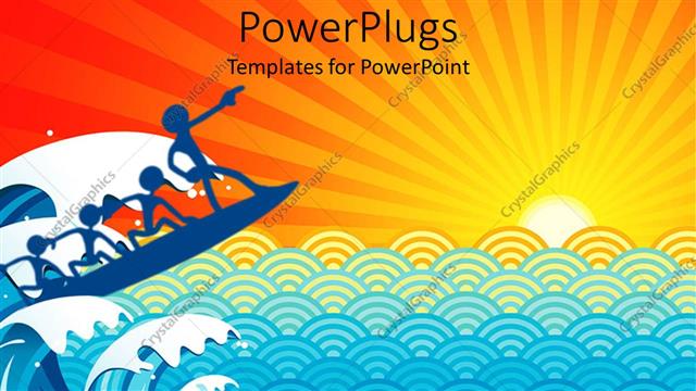  Presentation with blue waves - Blue humans riding waves on surf board, abstract background with sun, surfing