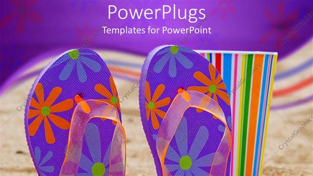  Presentation with purple floral - Blue and purple floral patterned flip flops in sand with colorful cup