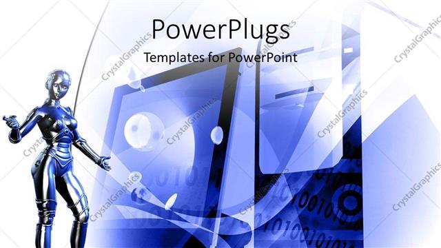  Presentation with robot - Blue robot showing off technology products on white background