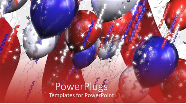  Presentation with balloons blue - Blue, silver, and red colored balloons with colorful ribbons