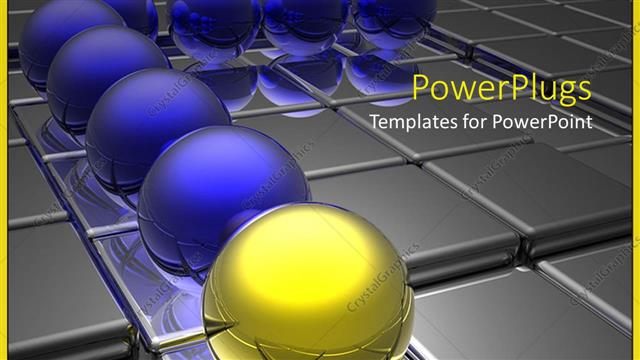  Presentation with blue line - Blue spheres and yellow glossy sphere in front of line on metallic gray surface