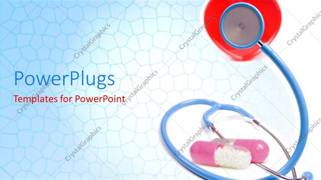  Presentation with red medical - Blue stethoscope with two pills and a red heart