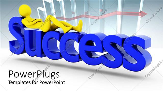  Presentation with red blue yellow - Blue success and yellow figure laying on top of success, chart bars with red arrow