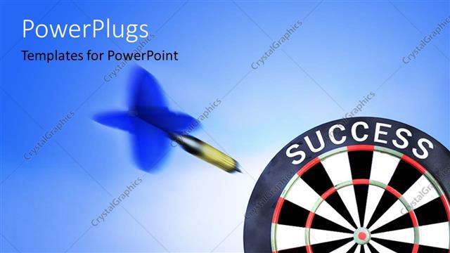  Presentation with flying - Blue tailed dart flying towards bulls eye of SUCCESS target