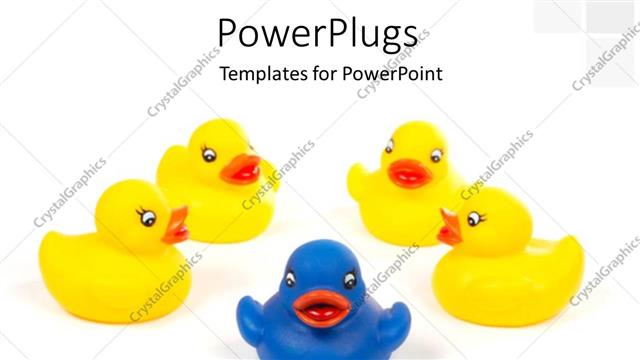  Presentation with toy - Blue toy duck leading others in yellow over white background