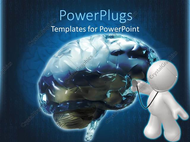  Presentation with brain - Blue and white color of 3d front view of human brain blue background