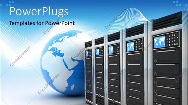  Presentation with server - Blue and white globe next to row of servers