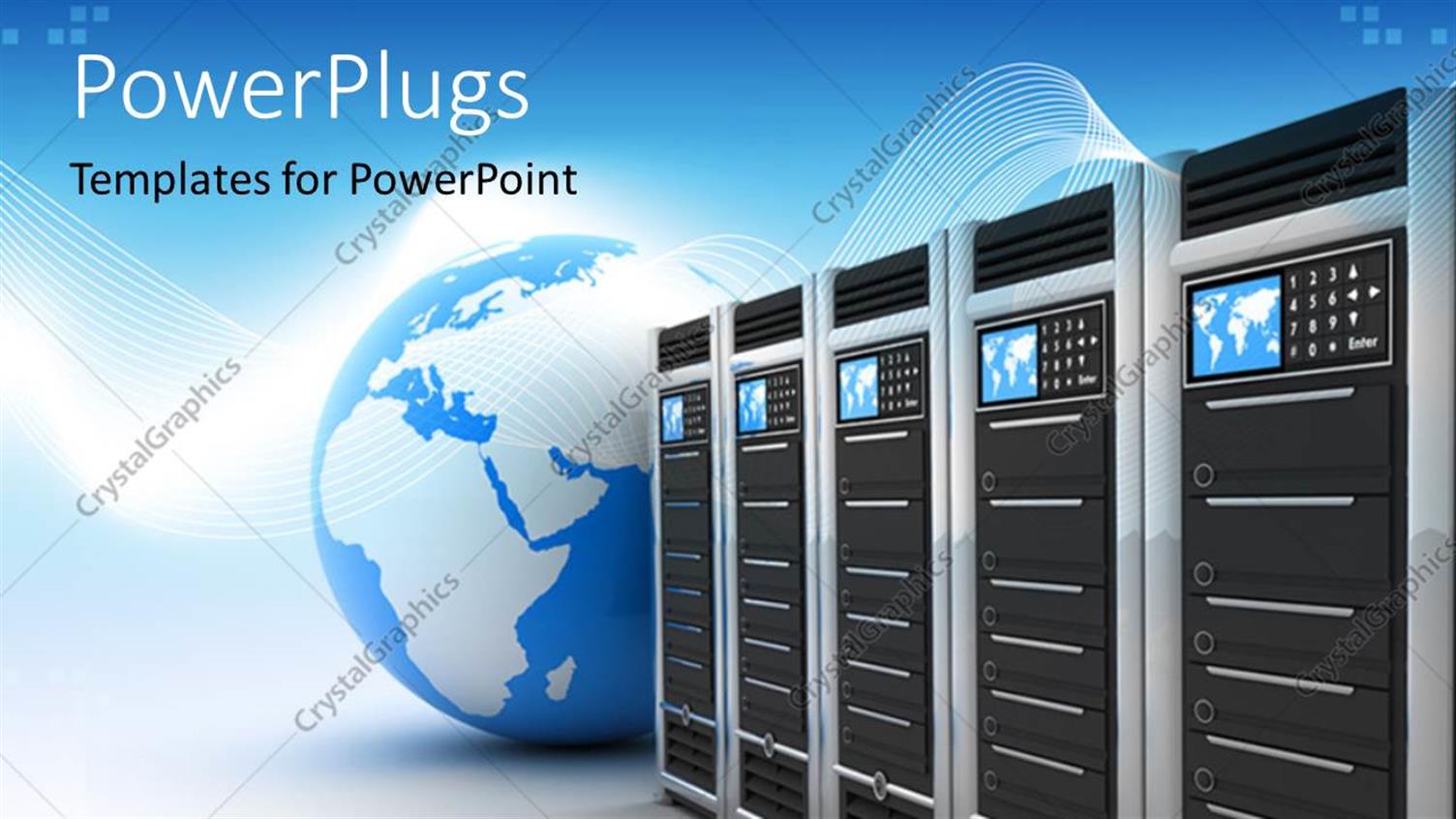 Featuring Blue and White Globe Next to Row of Servers