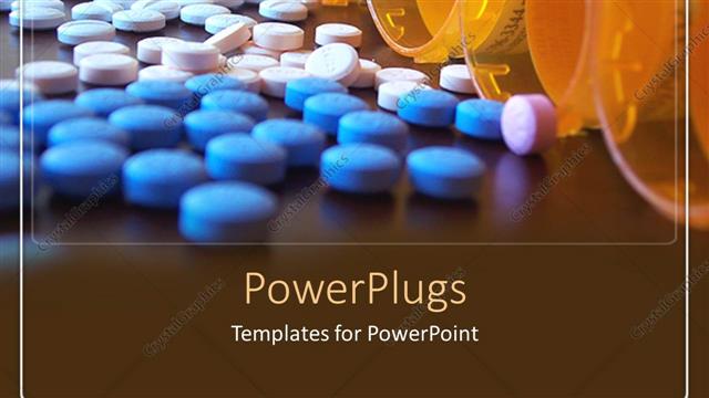  Presentation with medical pills - Blue and white pills on a flat surface with open containers