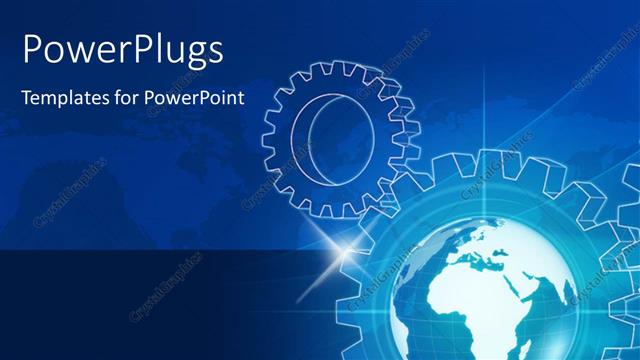  Presentation with blue lights - Blue world globe in gear-wheels and map over lights rays