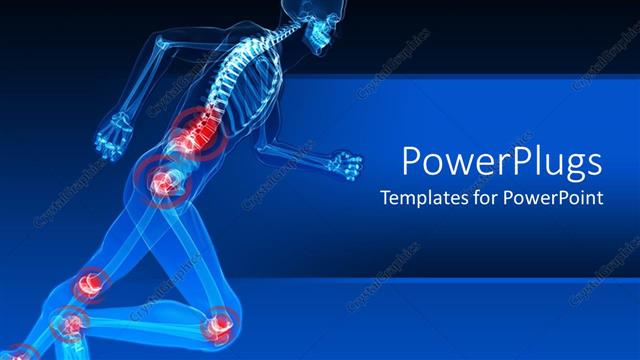  Presentation with skeleton - Blue x ray of  in action skeleton health issue joint red highlight with blue sophisticated background