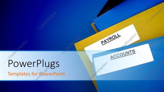  Presentation with payroll - Blue and yellow folders of payroll and accounts lying on blue color