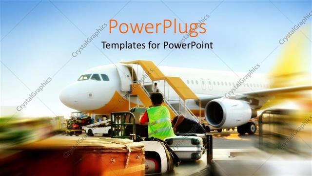  Presentation with waiting - Blurred depiction of plane waiting in the airport with luggages and airport worker