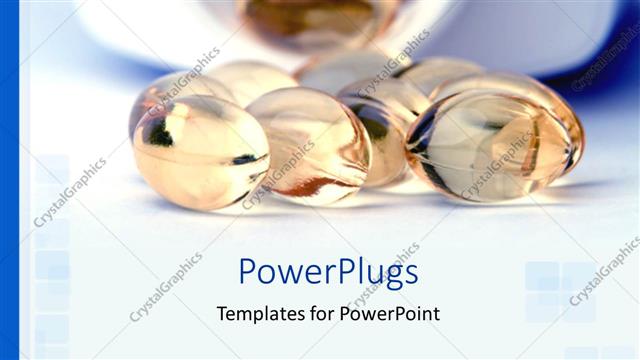  Presentation with capsules - Blurred inverted medicine bottle with glowing capsules on reflective surface