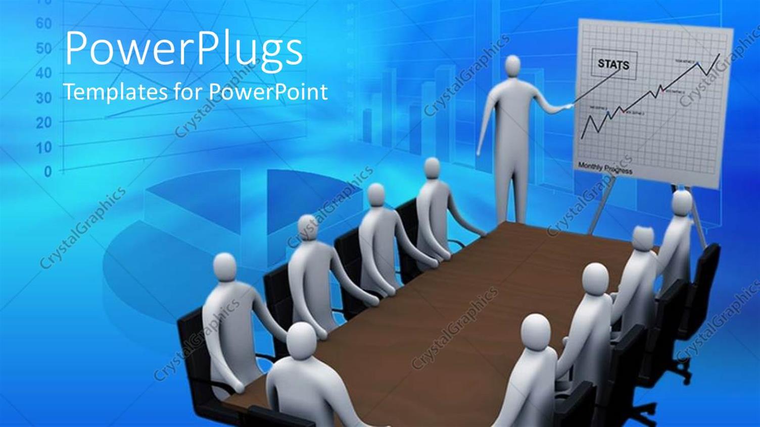 Featuring Board Room with 3D Man Giving Presentation on Statistics, Meetings, Business