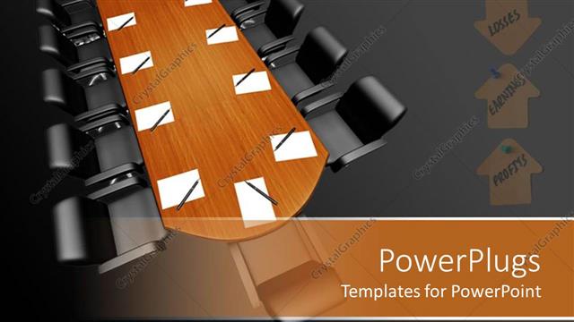  Presentation with room - Board room conference table with paper and pens, expenses, losses, earnings, profits arrows