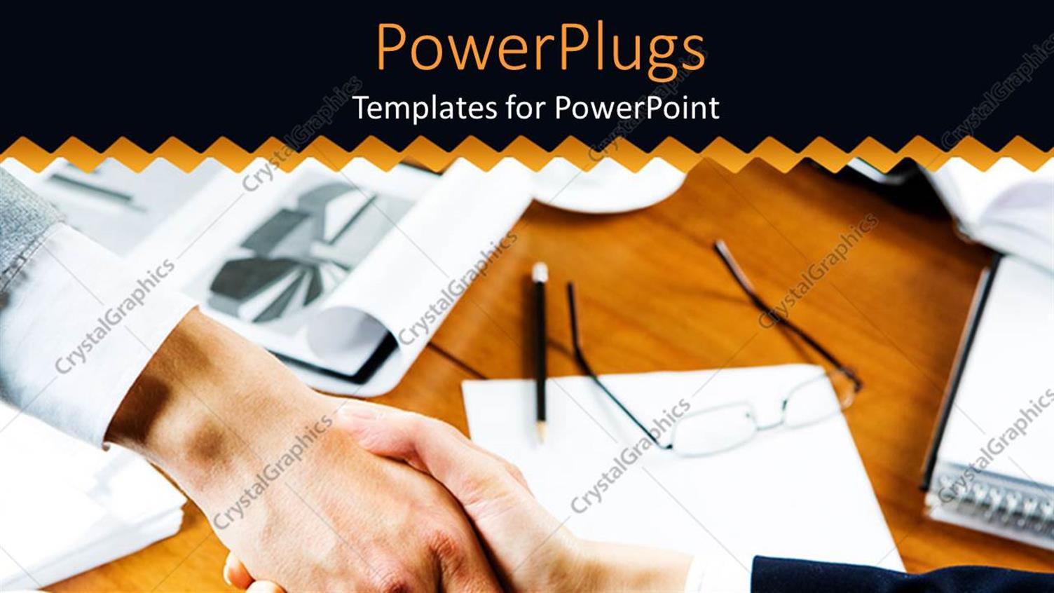 Featuring Board Room Table with Papers, Pencil and Glasses with Two Hands Shaking, Business