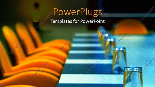  Presentation with well - Boardroom with orange seats, blue table and well placed glasses