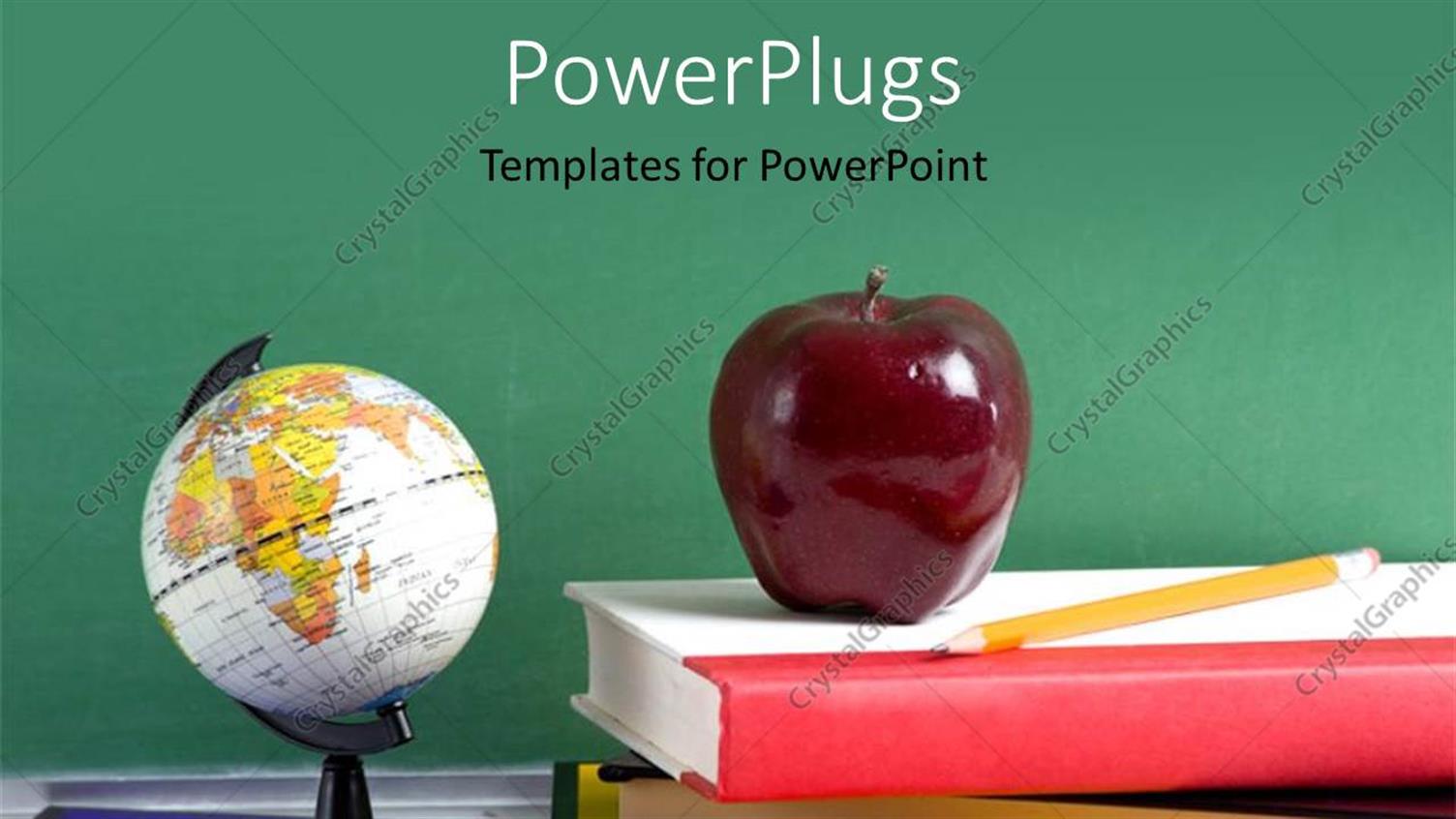 Featuring Books on a Table with a Red Apple and a Globe