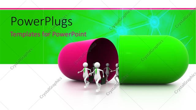  Presentation with purple business - Depiction of 3D men running out of large green and purple capsule