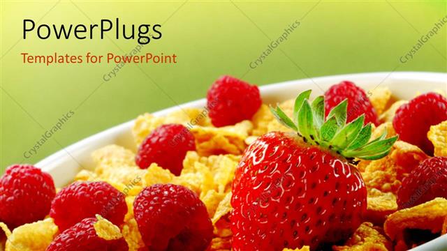  Presentation with strawberries - A bowl of cereal and a lot of strawberries with greenish background