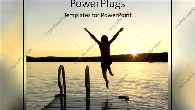  Presentation with dock - Boy jumps into sea from sea dock with sunset on horizon