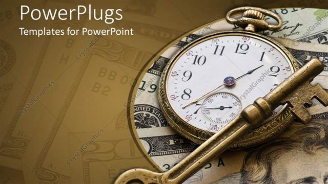  Presentation with investment money - Brass skeleton key laying across antique pocket watch on money background