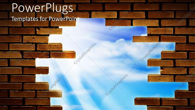  Presentation with freedom - Brick wall with a hole allowing view of blue sky and sun rays