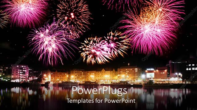 Presentation with water life - Bright pink and purple celebratory fireworks over brightly lit city next to calm reflective water