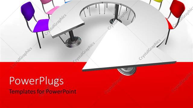  Presentation with round table - Brightly colored chairs arranged around round arrow shaped table